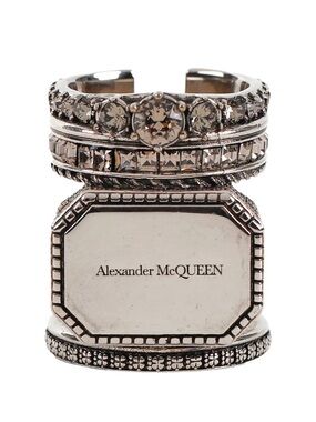 Alexander McQueen Silver-Tone Multi-Band Crystal Ring